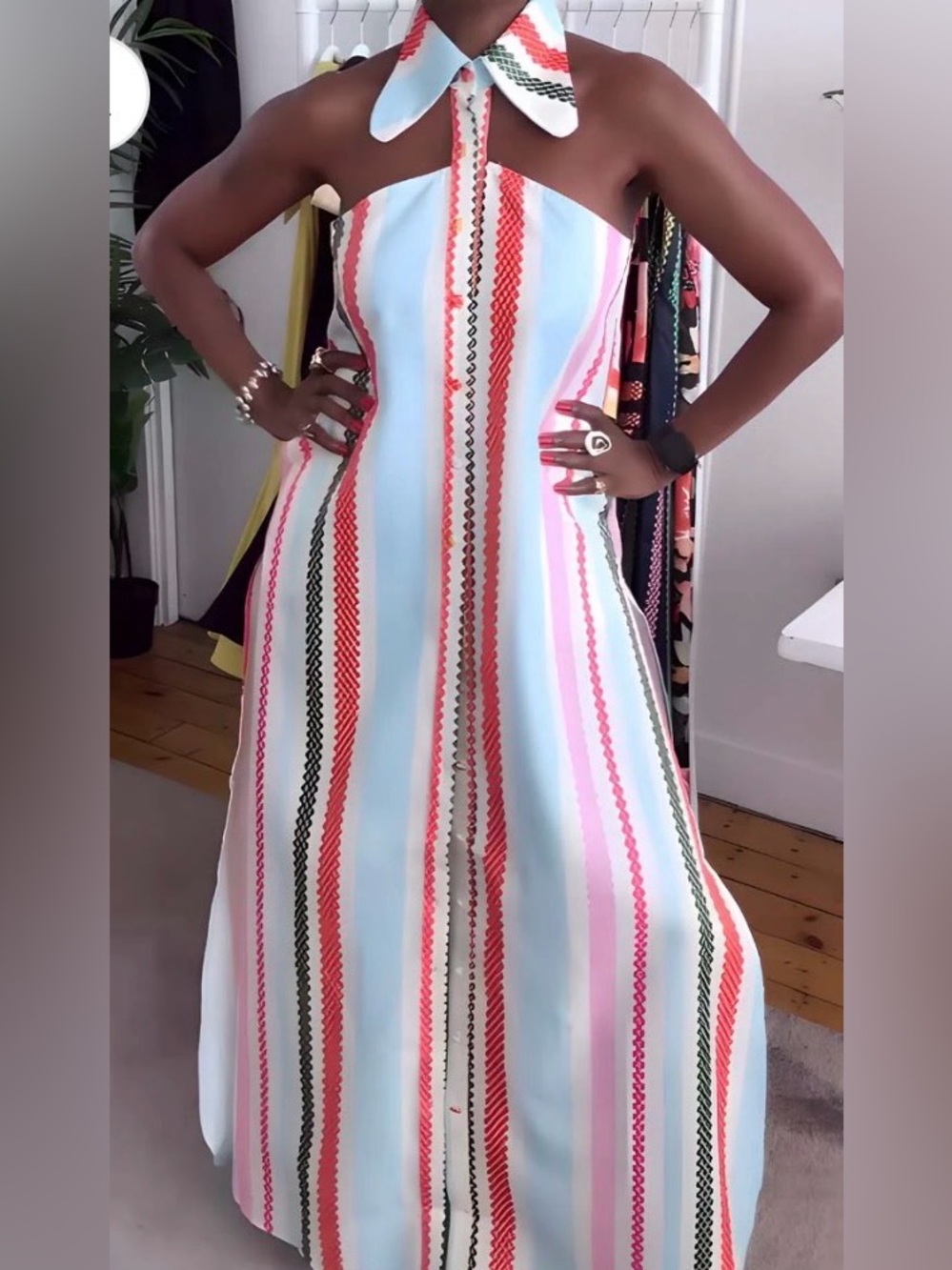 Striped Halter Maxi Dress in Pastel Blue and Multi-Color NWT